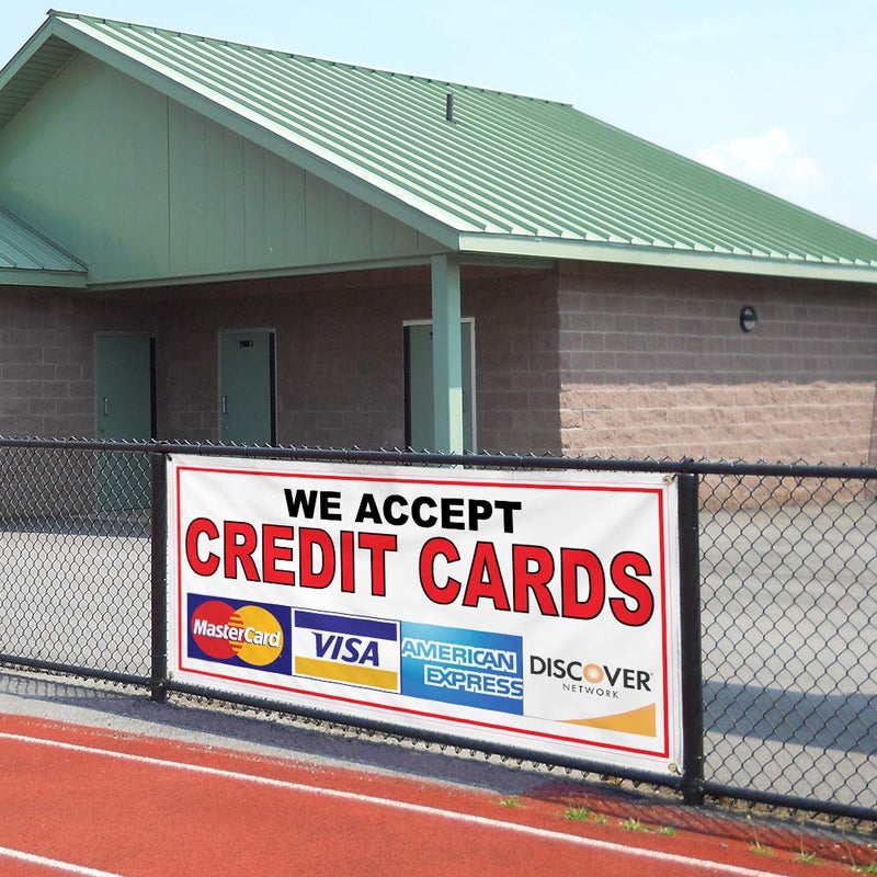 Sign Destination Vinyl Banner Sign We Accept Credit Cards Restaurant Cafe Bar Marketing Advertising Red - 12inx30in, 4 Grommets, One Banner - Image 4